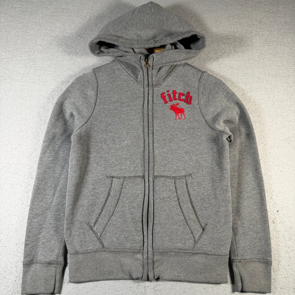 Abercrombie Kids Grey Full Zip Hoodie Red Fleece Lined Moose Logo XL Sweatshirt